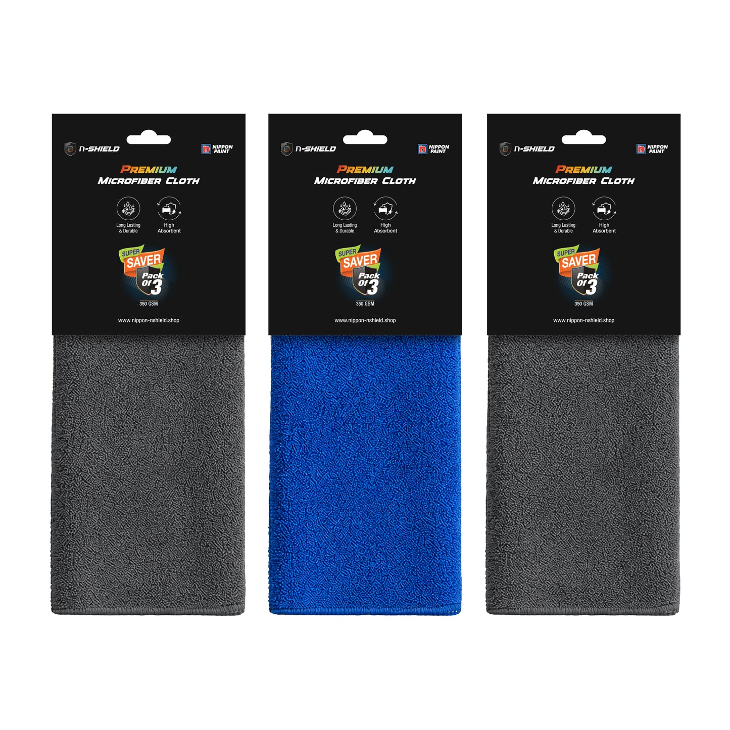 Nippon Paint n-Shield Microfiber Super Absorbent Small Wipes 350 GSM, Highly Absorbent Lint & Streak Free Multi-Purpose Wash Cloth for Car, Bike, Kitchen, Window, Stainless Steel, Silverware (Pack of 3)