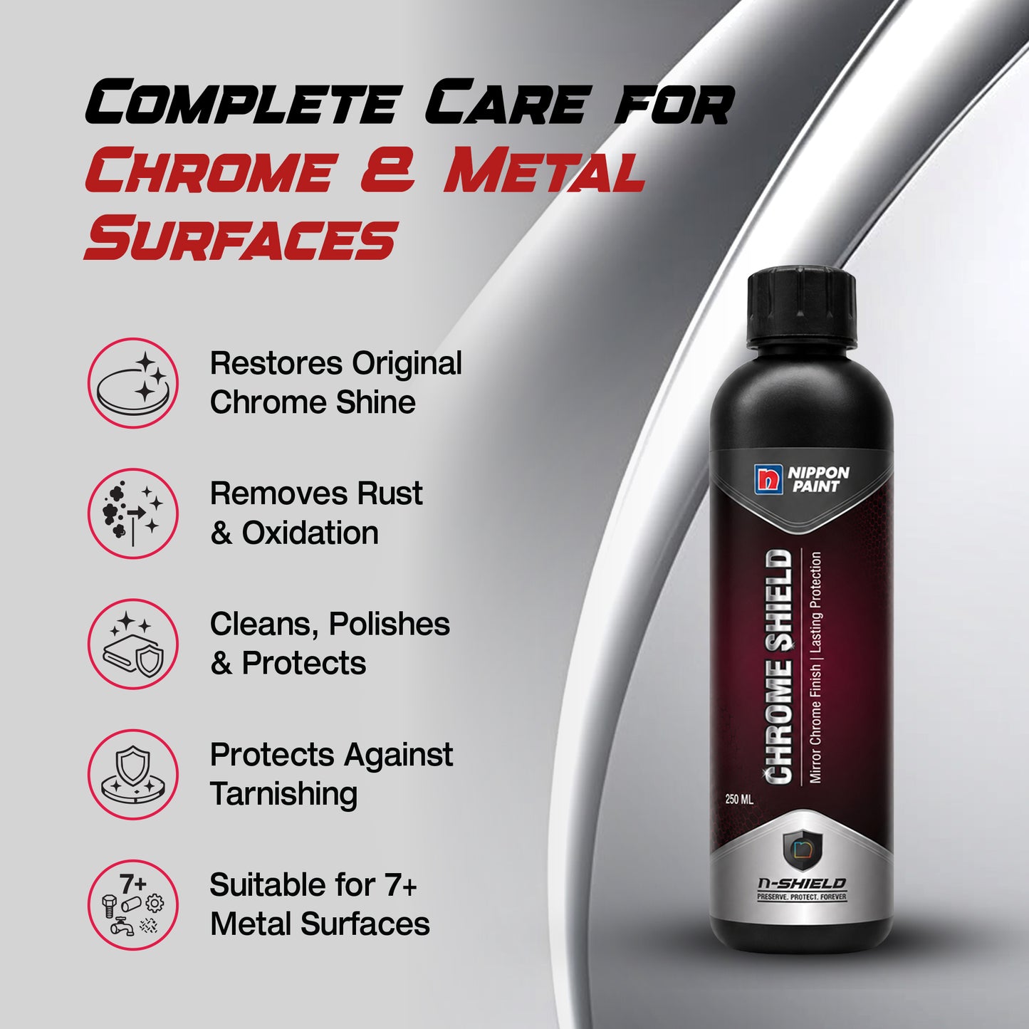 Nippon Paint n-Shield Metal Polish for Bikes & Cars | Chrome Cleaner & Rust Remover for Engine, Silencer & Chrome Parts | Restores Shine | 250 ml