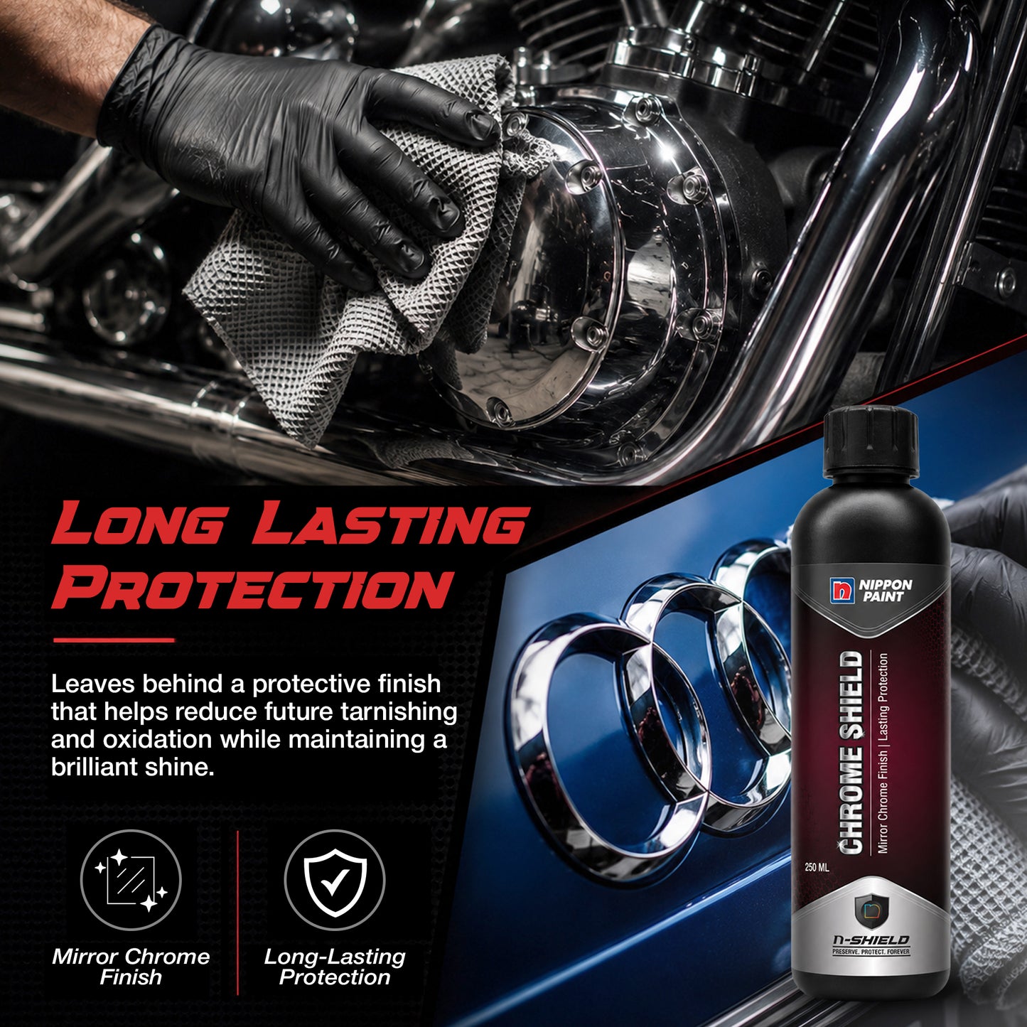 Nippon Paint n-Shield Metal Polish for Bikes & Cars | Chrome Cleaner & Rust Remover for Engine, Silencer & Chrome Parts | Restores Shine | 250 ml